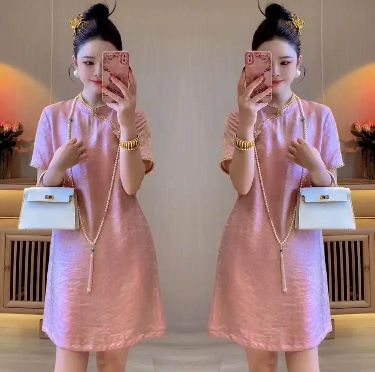 新中式国风复古气质夏季浮光连衣裙高级感宽松时尚鎏金提花显瘦
