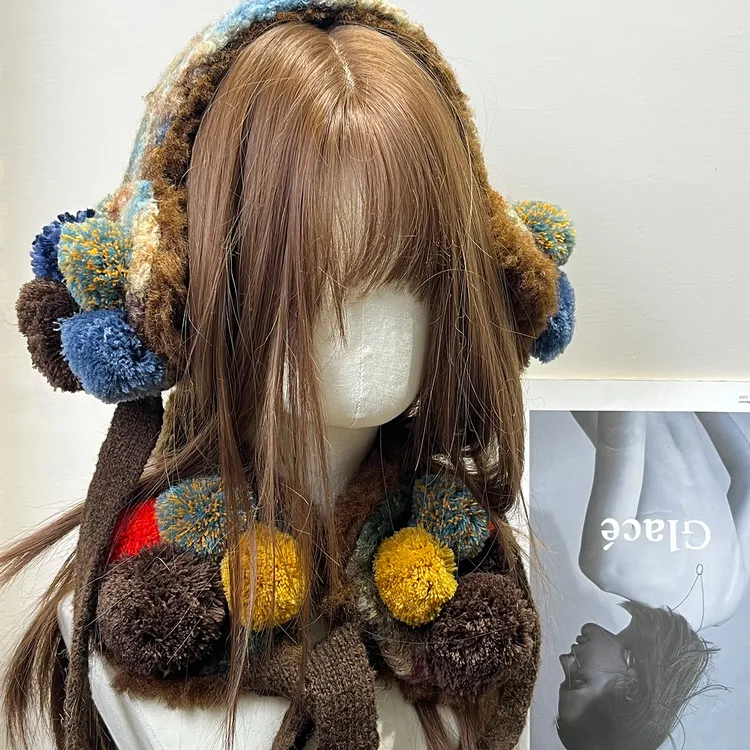 日系复古手工毛绒球球耳罩头套女新款秋冬氛围感韩系可爱护耳围脖