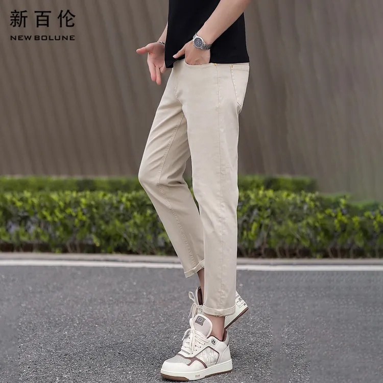 新百伦秋冬浅咖色牛仔裤男2025新款百搭修身小直筒男款九分裤子潮