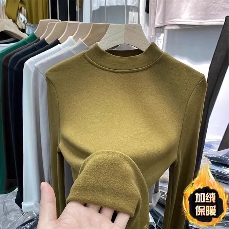 加厚银狐绒24秋冬胖MM大码加绒保暖内搭半高领打底衫女小立领长袖