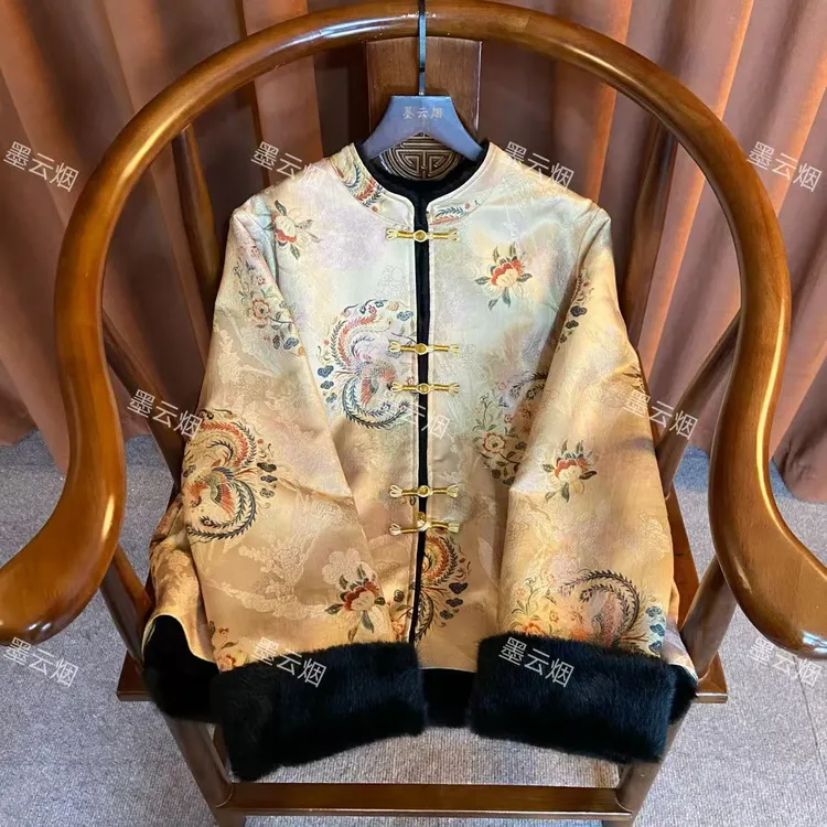 【恋花】新中式两面穿水貂毛厚款气质网红女宽松型拼接长袖上衣潮流