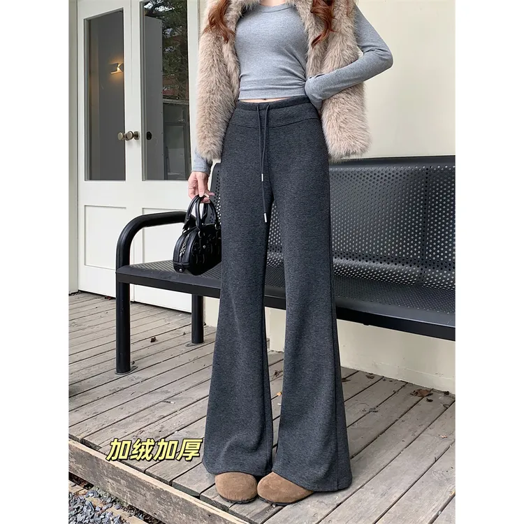 加绒加厚灰色修身微喇裤女秋冬高腰显瘦喇叭裤子垂感运动休闲长裤
