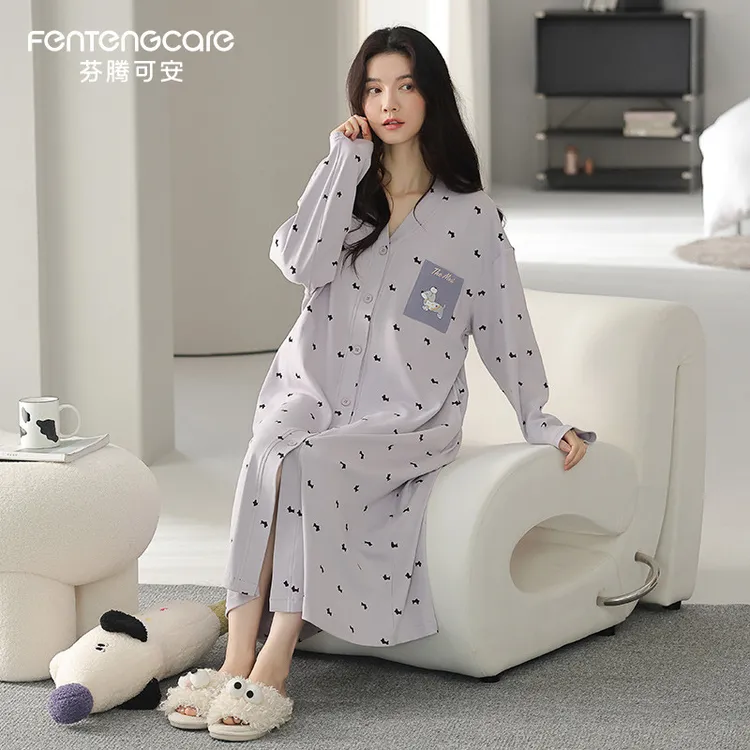 芬腾可安2025新款纯棉睡裙女中长款连衣裙长袖家居服甜美可爱睡衣