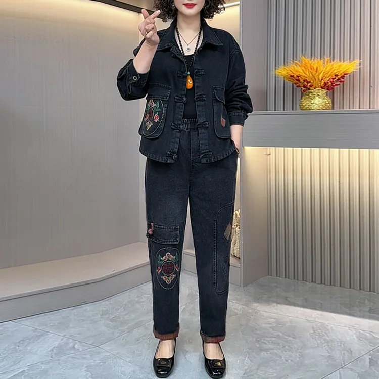 2025年开春新款欧韩版水洗牛仔套装宽松遮肉显瘦两件套春秋款8801