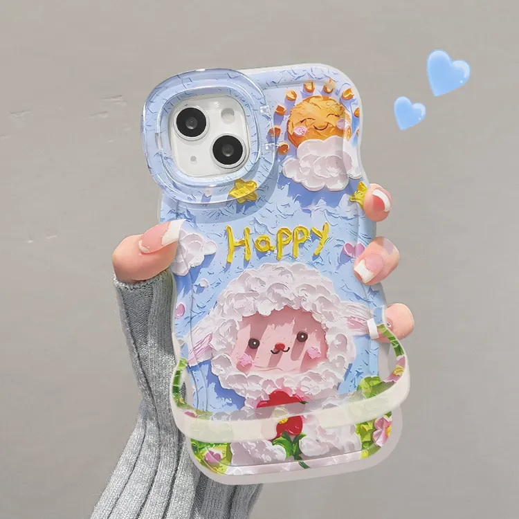 油画小绵羊适用苹果16vivo华为oppo小米iPhone15板凳双支架手机壳