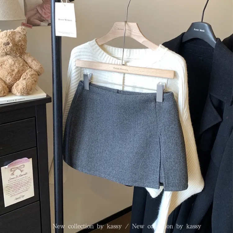 小个子秋冬复古开衩设计毛呢a字版显瘦短半身裙4631