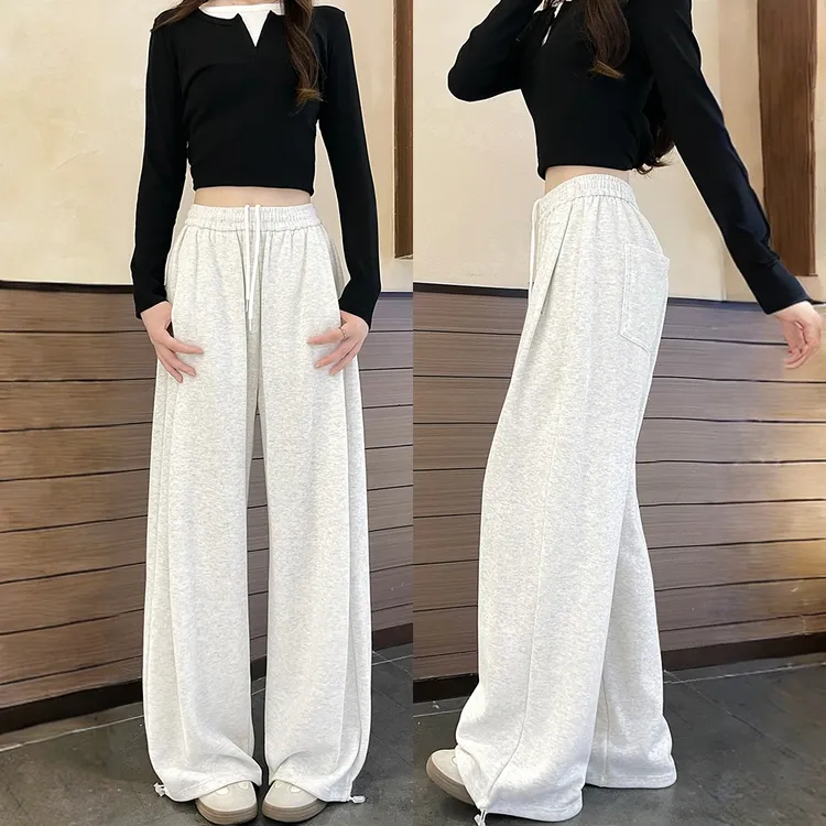 白灰色运动裤女秋2025新款小个子高腰垂感直筒卫裤宽松休闲阔腿裤