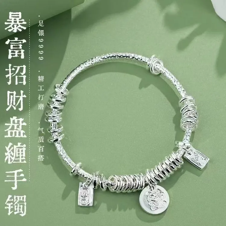 纯银999吉言盘缠招财猫纯银手镯新中式七夕送闺蜜女友礼推荐