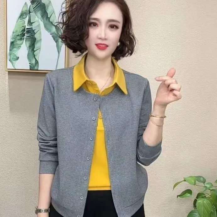 爆款拼接假两件上衣春秋新款衬衫领长袖百搭洋气遮肉显瘦女装外穿
