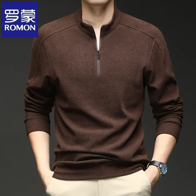 罗蒙纯色休闲德绒半拉链立领长袖卫衣秋冬季时尚中青年男士打底衫