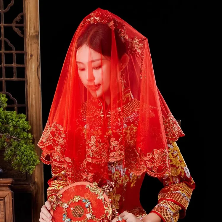红盖头结婚新娘主婚纱中式婚礼秀禾夏季用蒙头红色喜帕半透明头纱