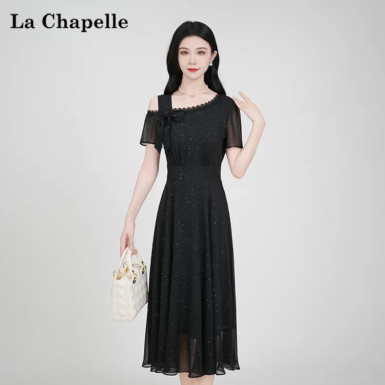 【拉夏贝尔】夏季法式设计感显瘦松紧腰短袖蝙蝠袖裙子女气质连衣裙