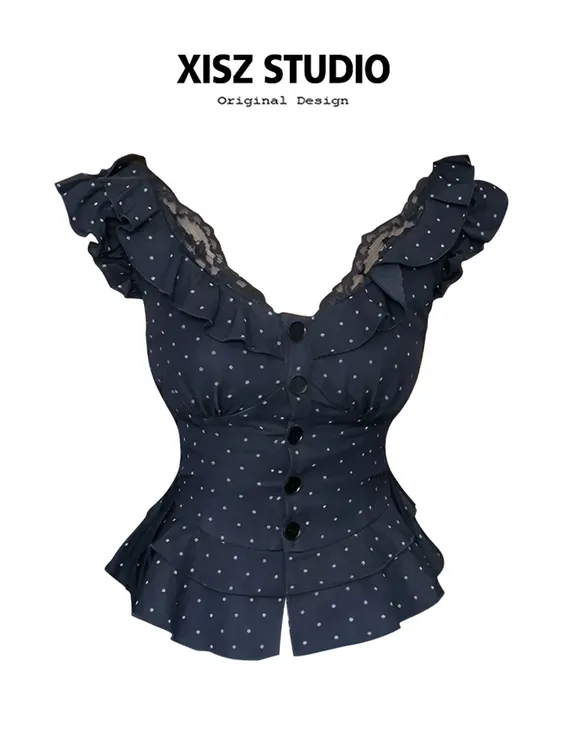 美式辣妹风蕾丝拼接荷叶边波点衬衫女夏季小众收腰显瘦小飞袖上衣