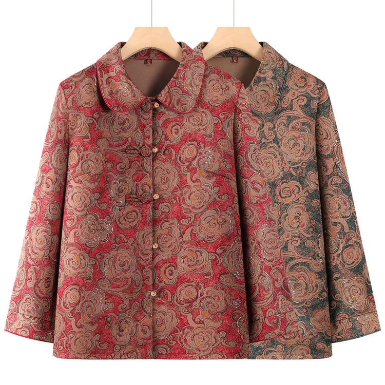 奶奶秋装翻领盘扣衬衫中老年人休闲衣服妈妈上衣女老太太薄外套