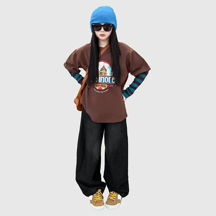 潮酷女童卫衣套装儿童衣服新款韩版时尚假两件上衣牛仔裤两件套潮