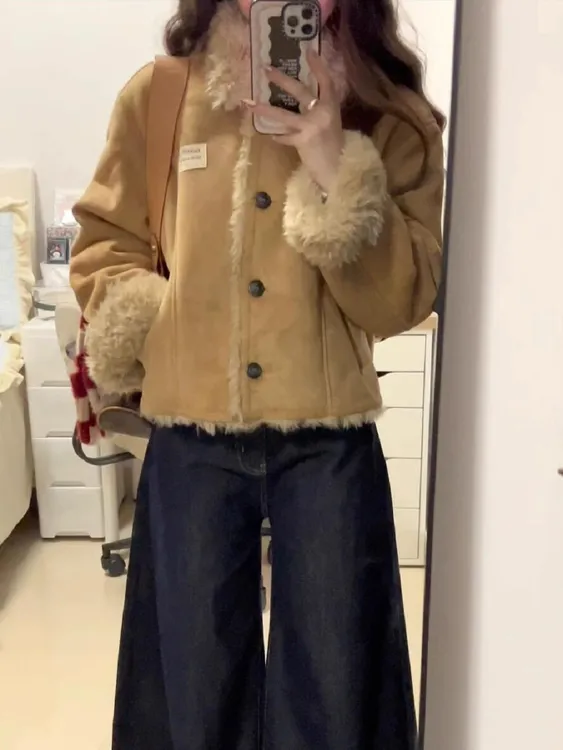 复古加绒加厚皮毛一体外套女冬季2025新款小个子翻领保暖短款上衣