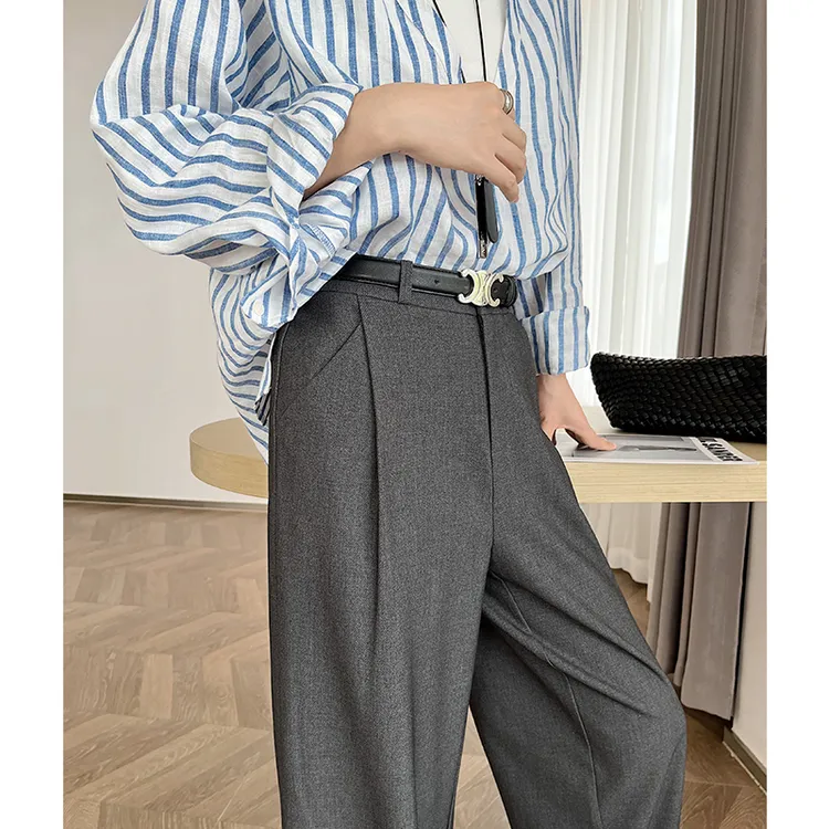 灰色西装阔腿裤女春秋款高腰垂感双褶小个子棉羊毛慵懒风直筒宽松