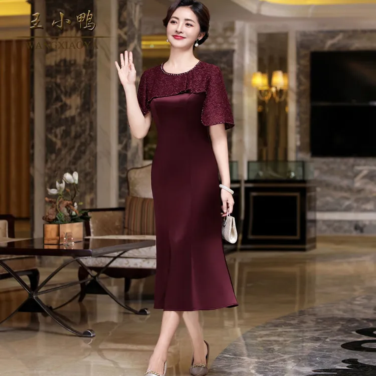 王小鸭2025春夏新款短袖连衣裙女高级感妈妈结婚礼服裙高贵鱼尾裙