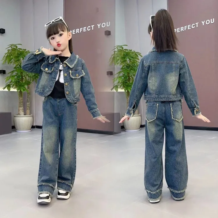 女童套装2025春秋季新款洋气韩版中大童两件套短款外套牛仔阔腿裤