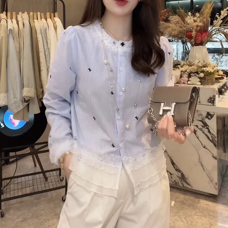 2025春夏新款设计感精致蝴蝶结条纹长袖衬衫上衣LK2502653