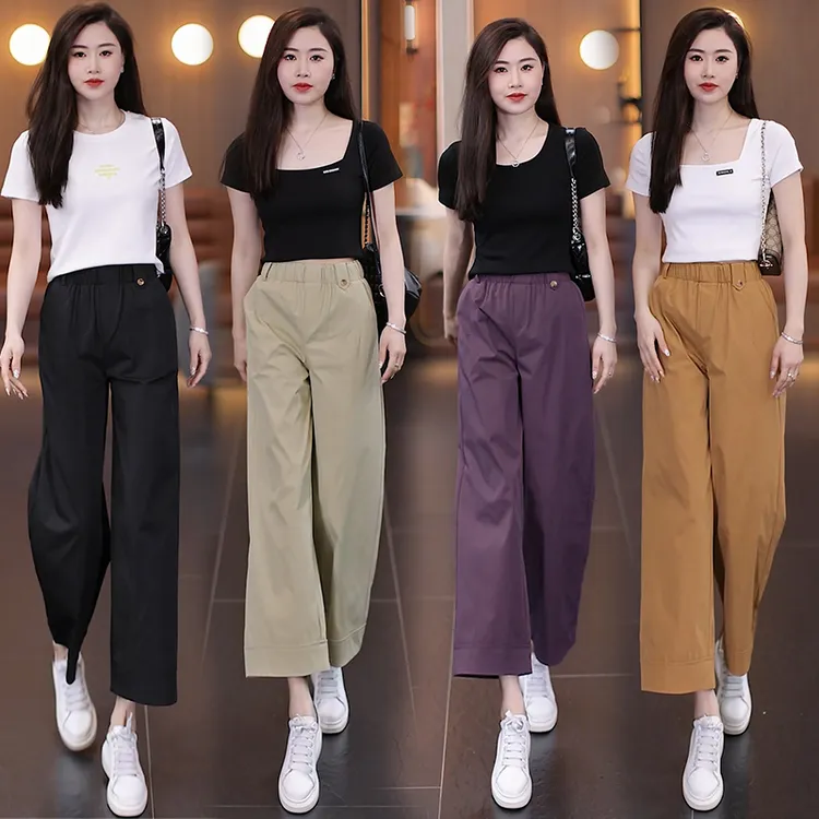 22526时尚花苞腰九分阔腿裤女夏季薄款2025新款窄版直筒裤休闲裤