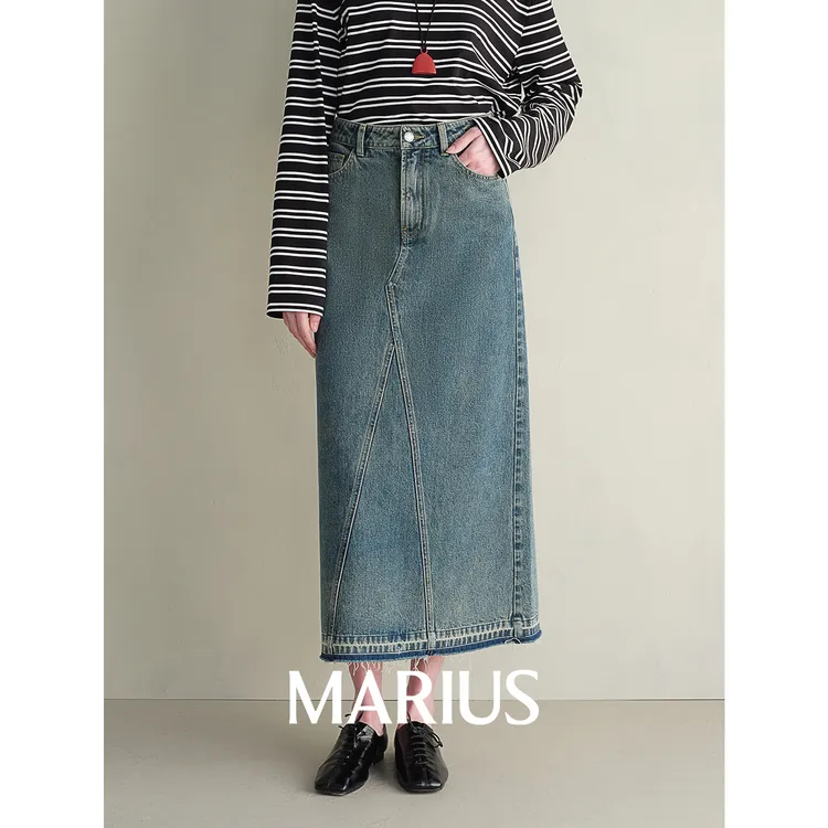 MARIUS土耳其时尚美式复古做旧拼接主义显瘦直筒毛边牛仔裙