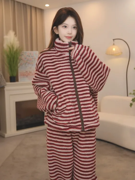 板栗小姐【加厚款酒红条纹】2025冬季长袖加绒加厚睡衣女可外穿