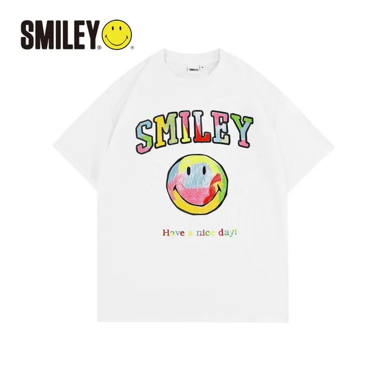 SMILEY笑脸设计感T恤字母笑脸印花圆领短袖纯棉上衣宽松男女