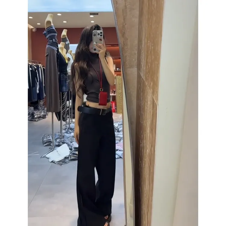 美式小众气质辣妹半高领无袖背心上衣时尚窄版显瘦长裤