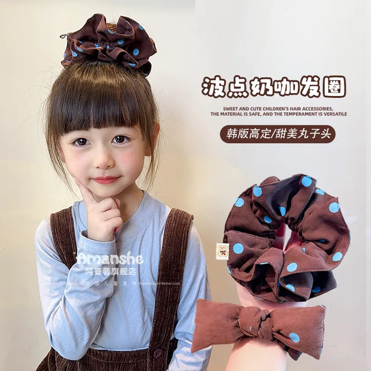 儿童大肠发圈复古蓝咖波点发饰女童扎头发高弹力耐用头绳发绳头饰