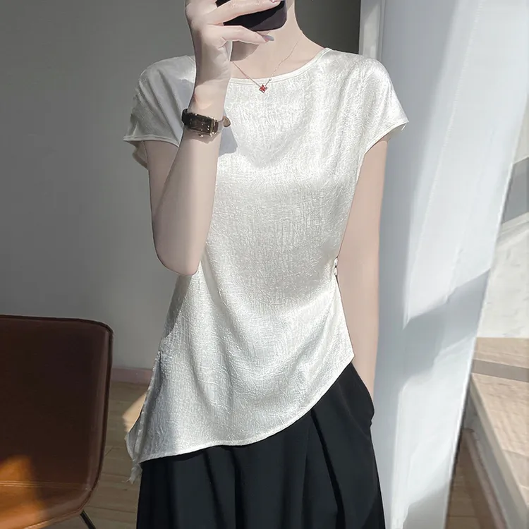 真丝短袖女爆款2025新款圆领百搭白色半袖收腰气质显瘦设计感上衣