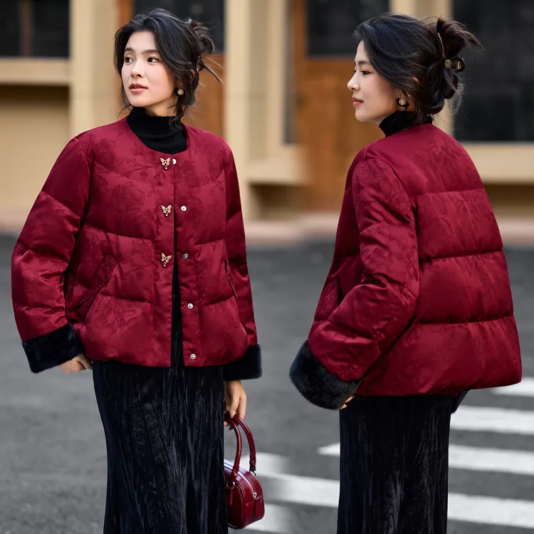 羽绒服女款爆款2025新款正品冬季宽松新中式民族风提花唐装外套潮