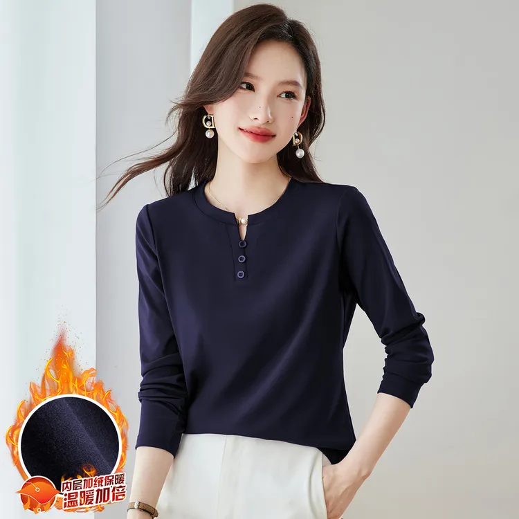【加绒气质纯色长袖】2025秋冬爆款打底衫女时髦洋气百搭显瘦上衣衫