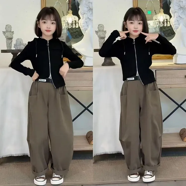 女童套装秋季新款韩系休闲拉链帽衫个性大口袋工装阔腿裤套装衣服