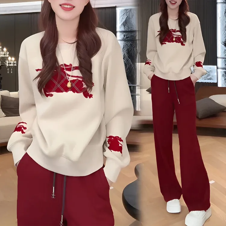 慵懒风秋冬套装女宽松圆领小马卫衣上衣休闲阔腿裤加厚保暖两件套