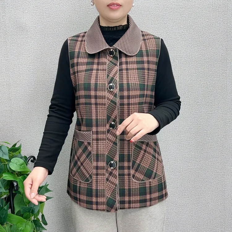 春季新款马甲妈妈装翻领洋气百搭格子马夹中老年女装春装上衣外套