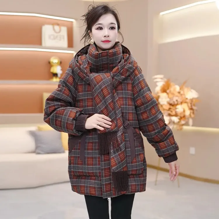 气质保暖连帽格纹时尚加厚羽绒服新款宽松2025年冬季【SJYH3901】