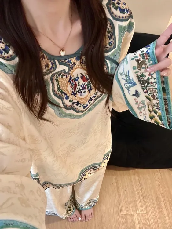 国风新中式复古銮金汉服金丝绒睡衣女秋冬古风长袖套装大码家居服