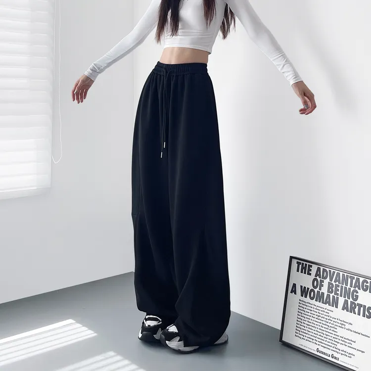 大码黑色显瘦阔腿裤女秋季新款胖mm梨形身材高腰宽松运动休闲卫裤