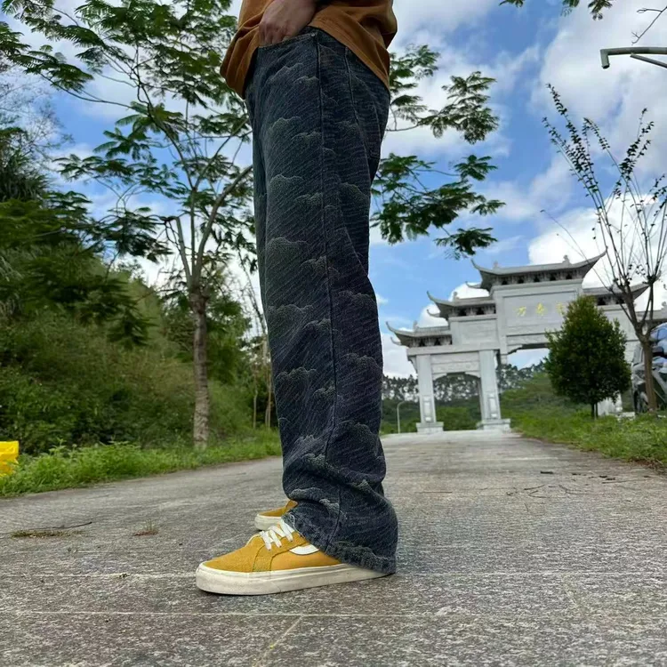【赤原】复古水洗牛仔裤男秋季潮牌海浪纹高级感直筒宽松休闲提花裤