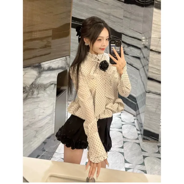 【芊羽原版轻奢高定】秋冬新款少女蝴蝶结绑带经典百搭黑白波点上衣