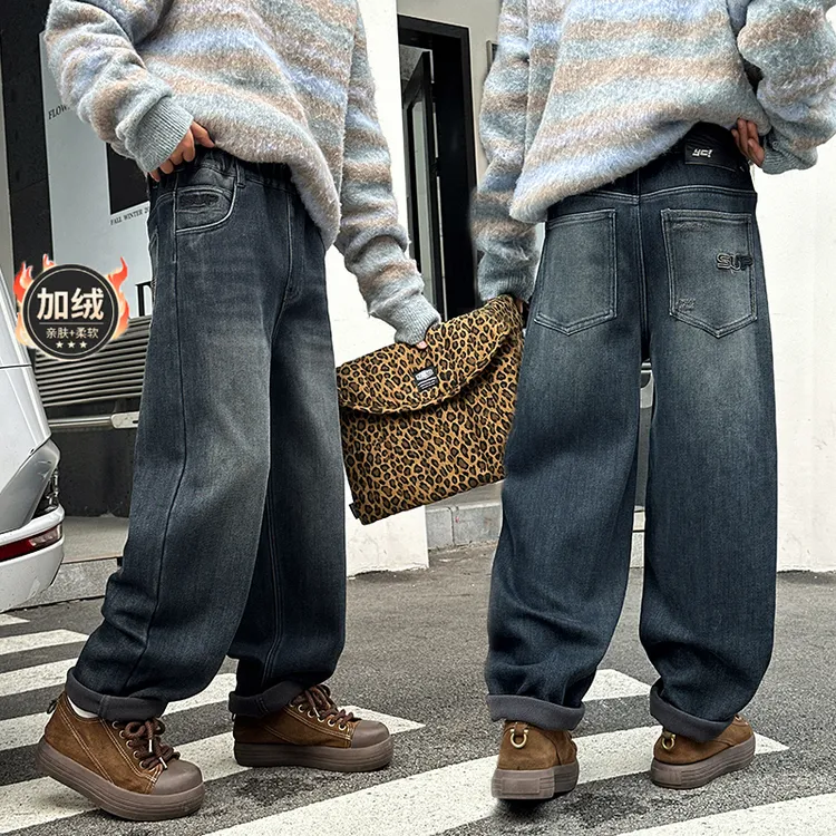 童装穿搭 | 冬季新款宽松加绒加厚休闲潮流韩版柔软老爹裤牛仔裤