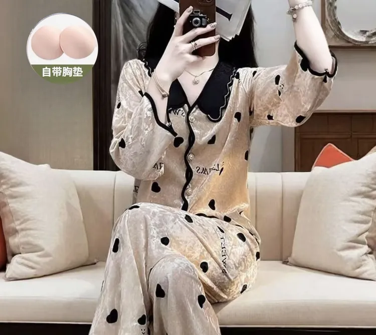 家居服2025新款自带胸垫网红休闲印花秋冬金丝绒气质睡衣长袖