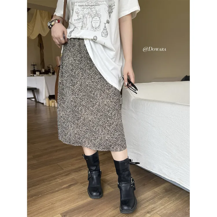 现货8855D大婉酱微胖定制【纱影豹纹】设计感松紧腰半身裙高腰A字裙