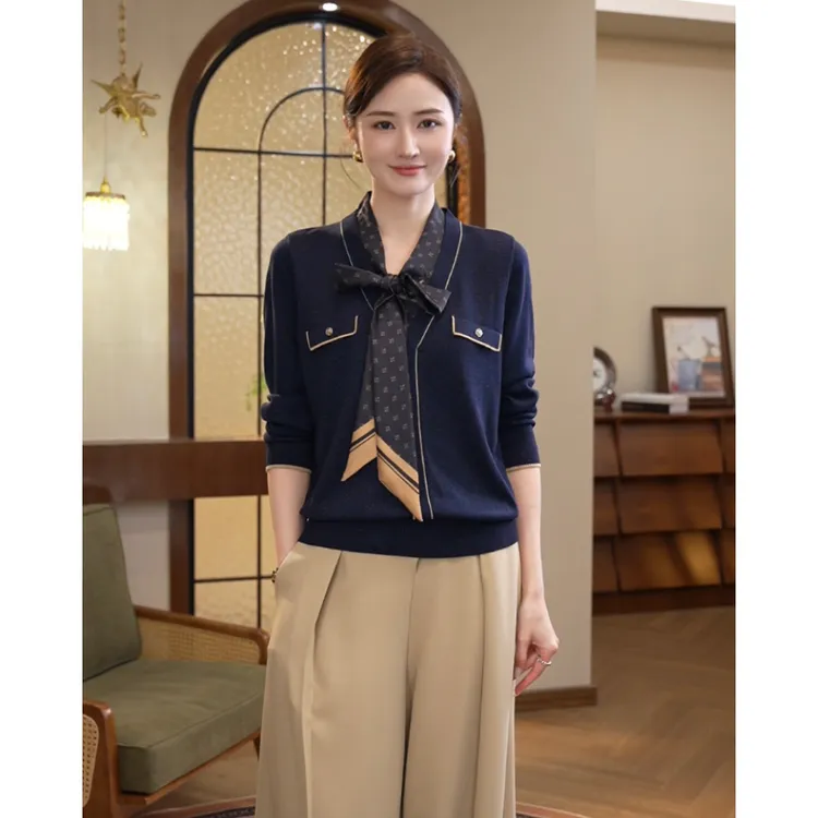 现货2025秋冬新款【7889】含绵羊毛蓝色领结绑带外穿丝巾针织衫上衣