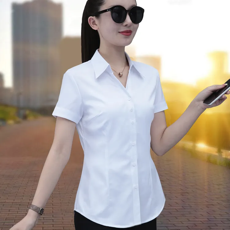 白色V领衬衫女短袖2025夏季新款韩版修身百搭工作服免烫职业衬衣