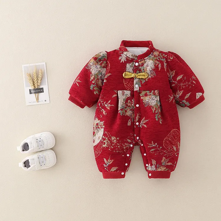 8红色蒲扇冬款加厚夹棉闭档连体衣红色哈衣婴儿宝宝满月童装衣服