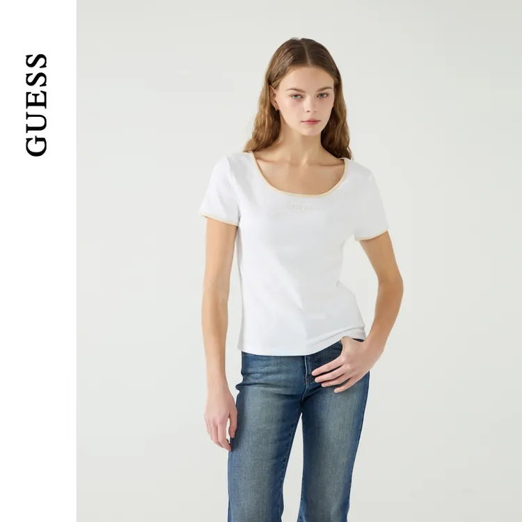 GUESS25年新款春季女士青春撞色绣花logo简约短袖T恤-W5PP84K2Q40