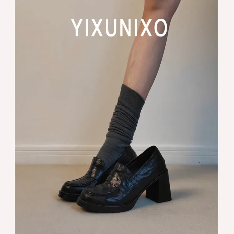 羊皮版~高跟乐福鞋女复古百搭小皮鞋黑色简约一脚蹬通勤静音单鞋
