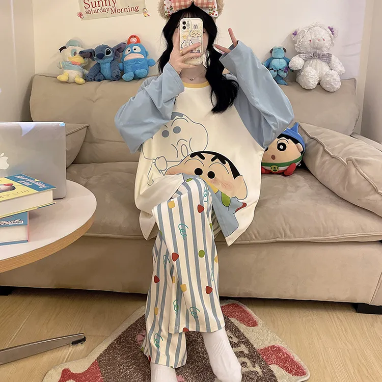 蜡笔小新100%全棉睡衣女款爆款2025新款春秋季薄款纯棉长袖家居服